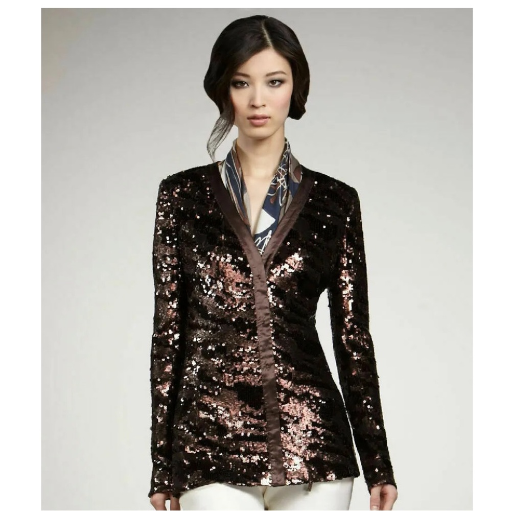 NWT Rachel Zoe L Bailey Brown Sequined Cardigan Blazer Sweater Snap-Front